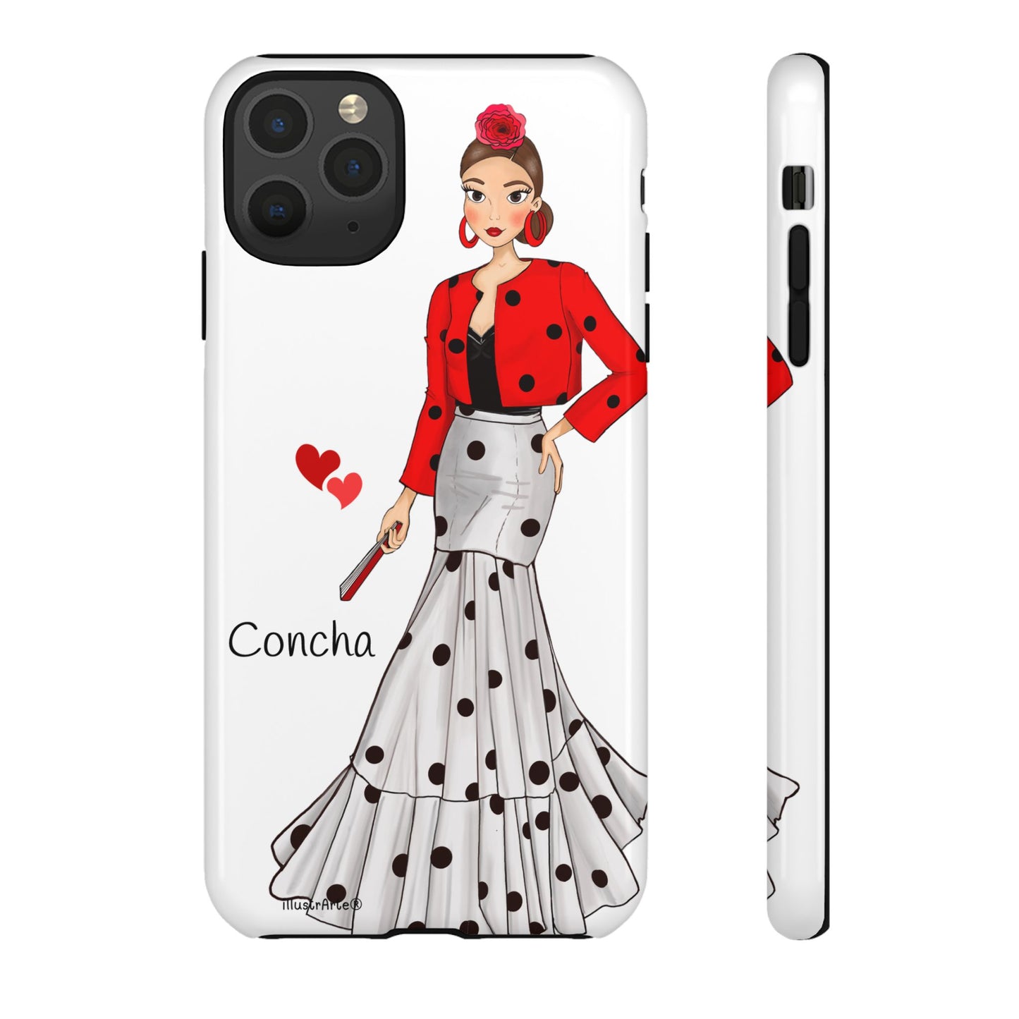 Diseño detallado de la funda de teléfono personalizable con nombre y bandera, modelo Conchita, en fondo blanco para smartphones.