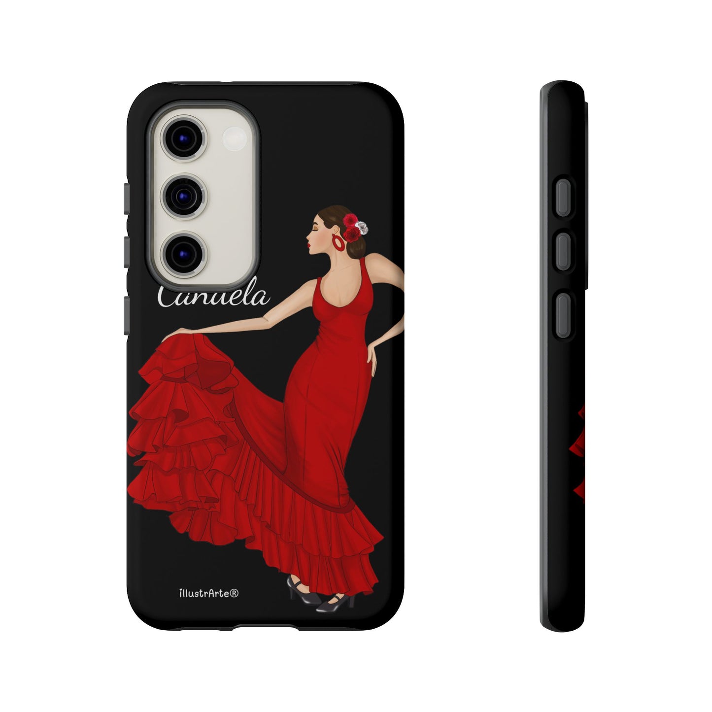 Capa de telefone personalizável. Modelo Candela com fundo preto. Para iPhone, Samsung Galaxy S e Google Pixel. 