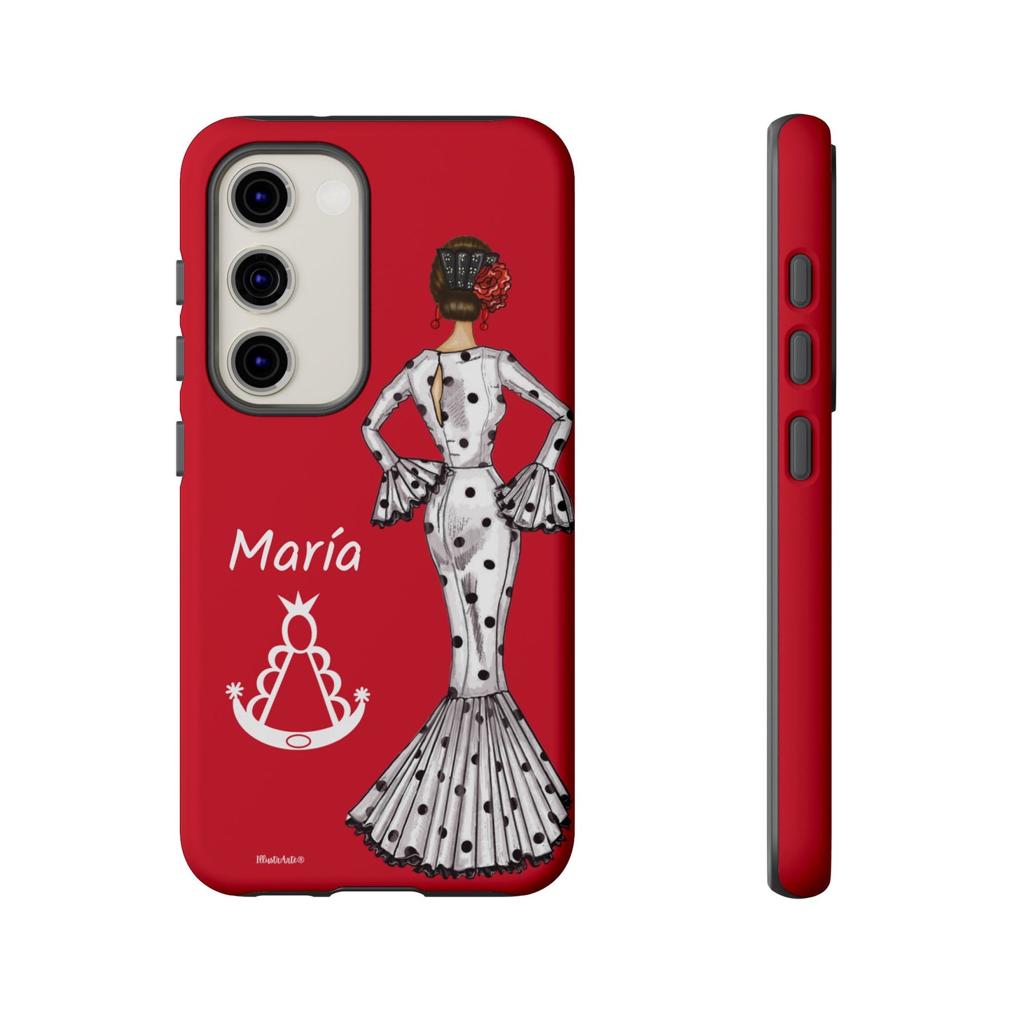 una funda de teléfono roja con una imagen de una mujer en un vestido