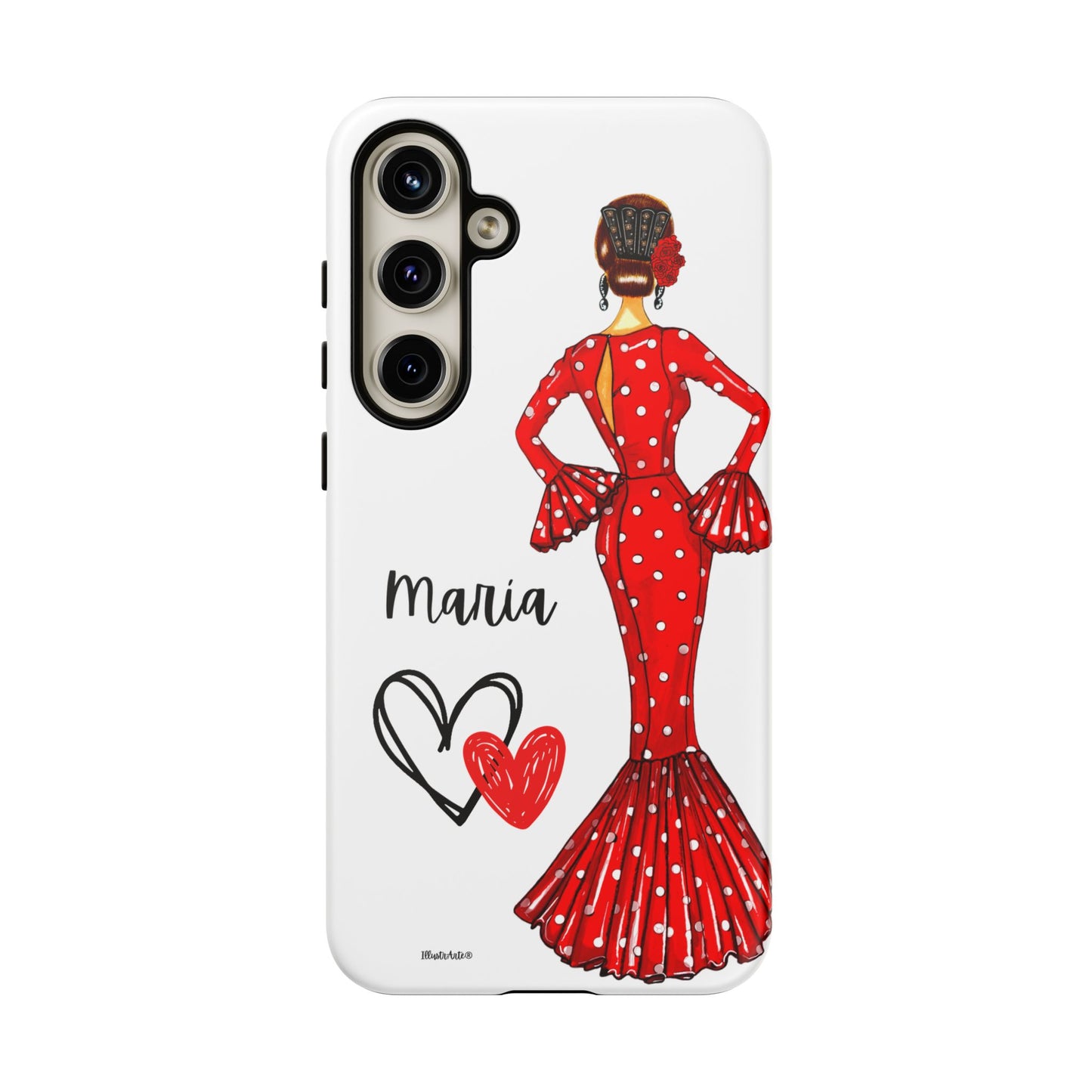 una funda de teléfono con una mujer en un vestido rojo