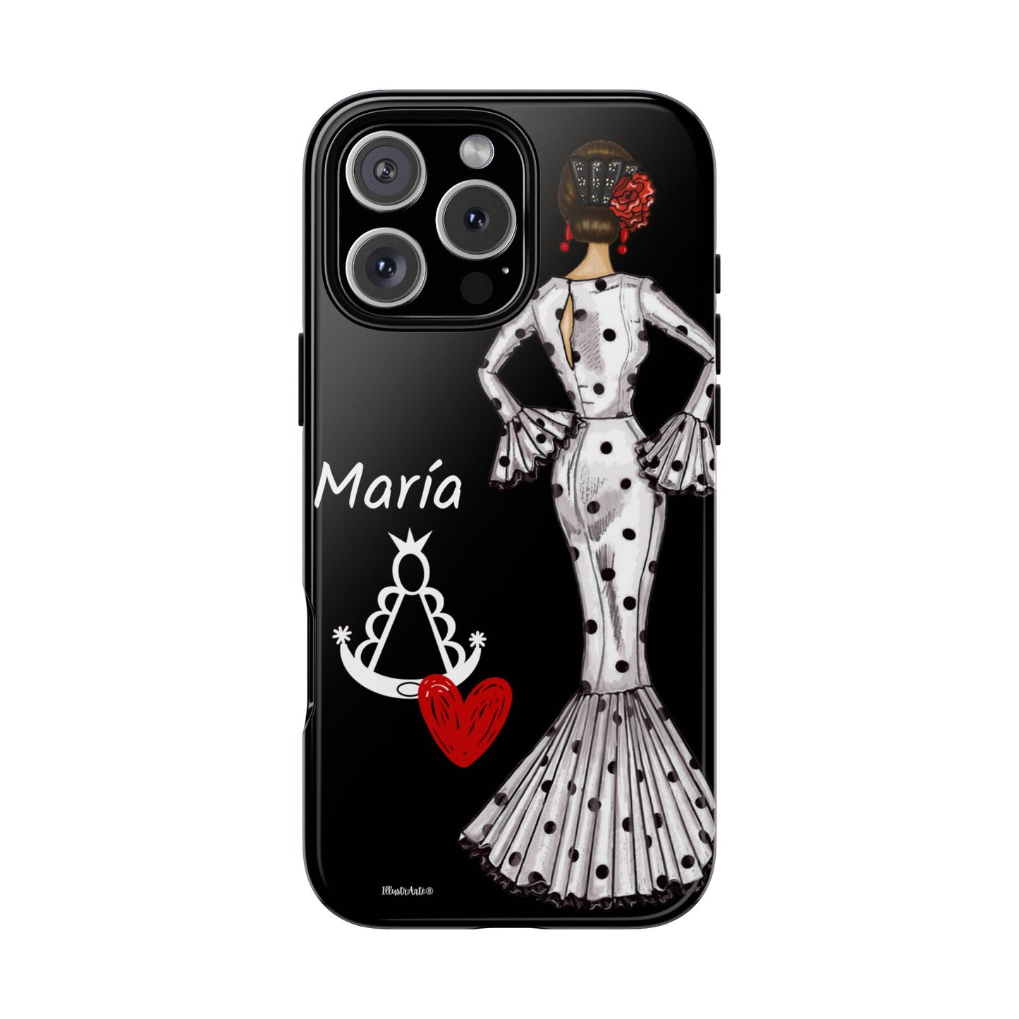 una funda de iphone en blanco y negro con una mujer en un vestido de lunares