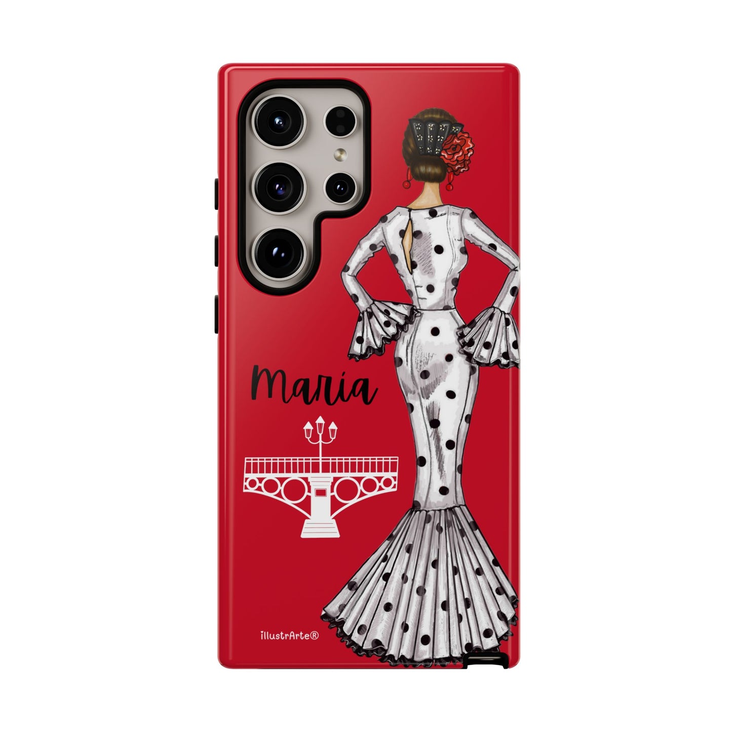 Fondo blanco mostrando la funda de teléfono personalizada de flamenca María, perfecta para iPhone y Google Pixel.