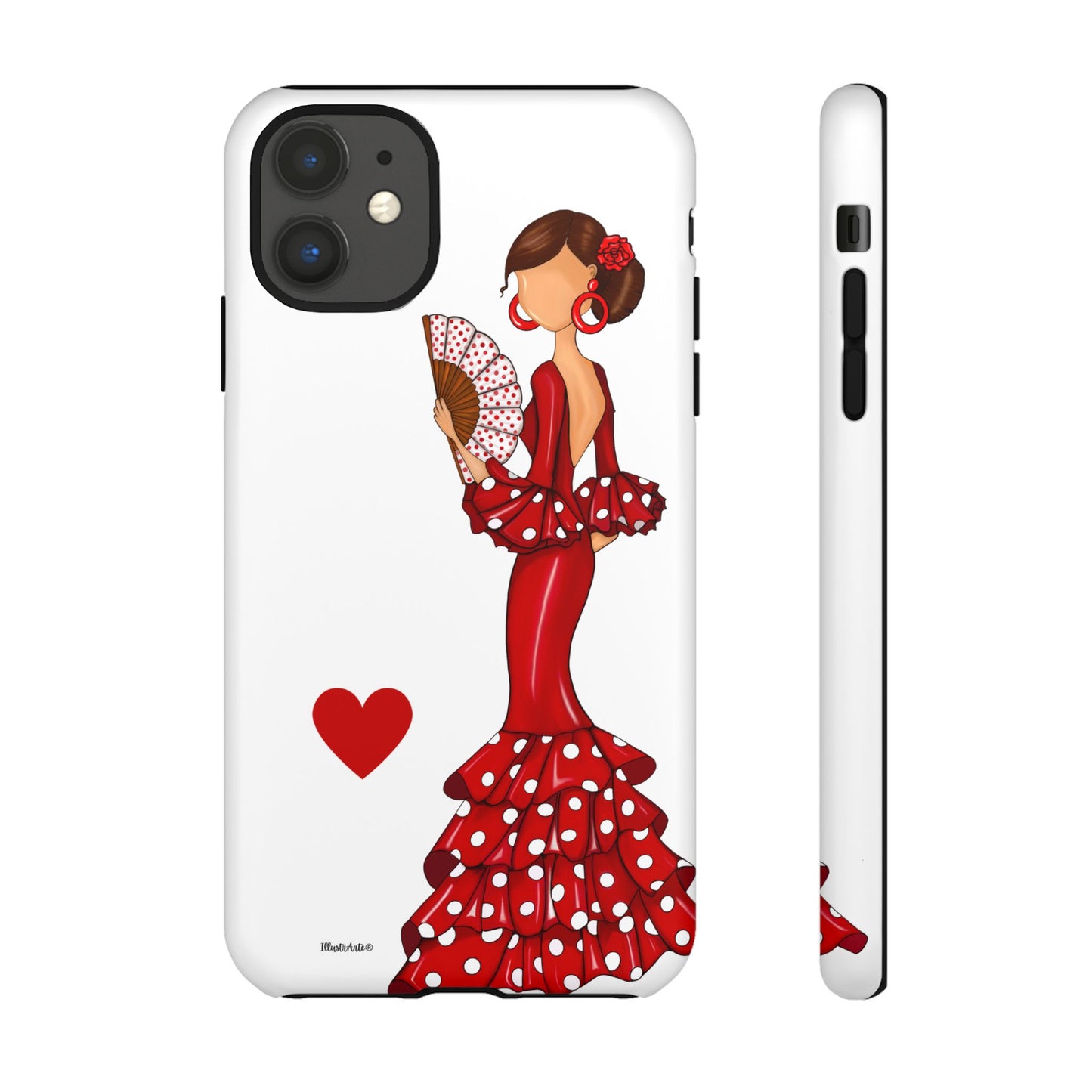 una funda de teléfono con una mujer en un vestido rojo sosteniendo un abanico