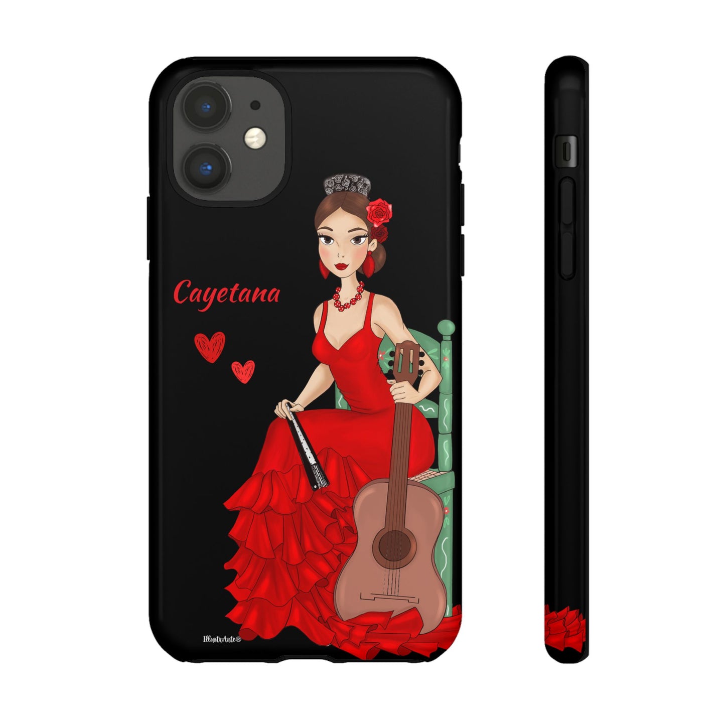 una funda de teléfono con una mujer en un vestido rojo sosteniendo una guitarra