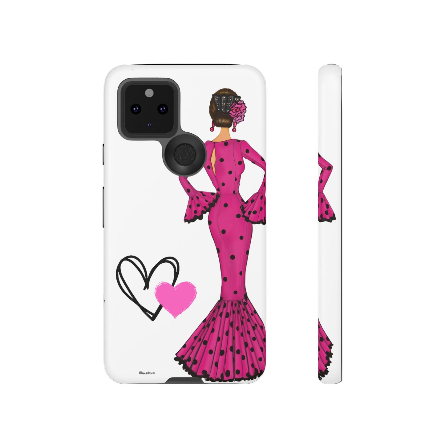 una funda de teléfono con una mujer en un vestido rosa