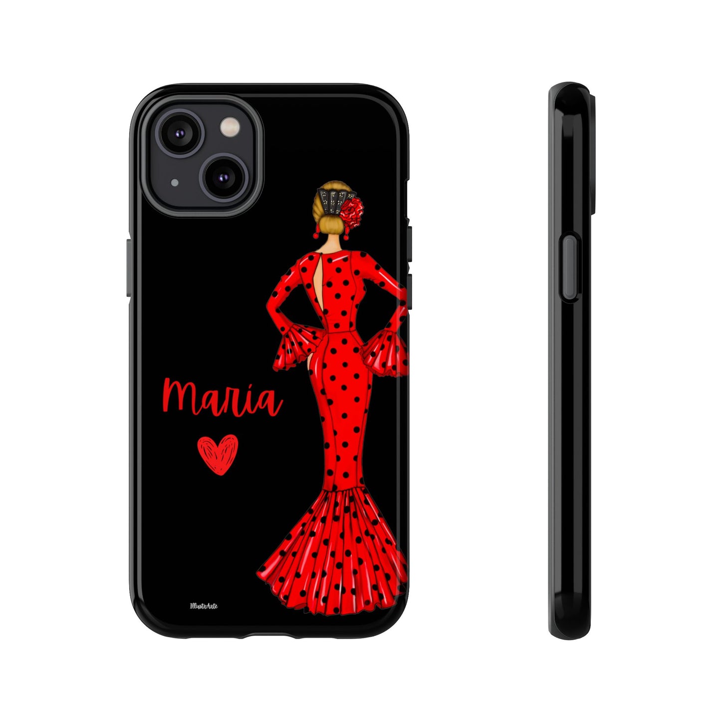 una funda de teléfono con una mujer en un vestido rojo