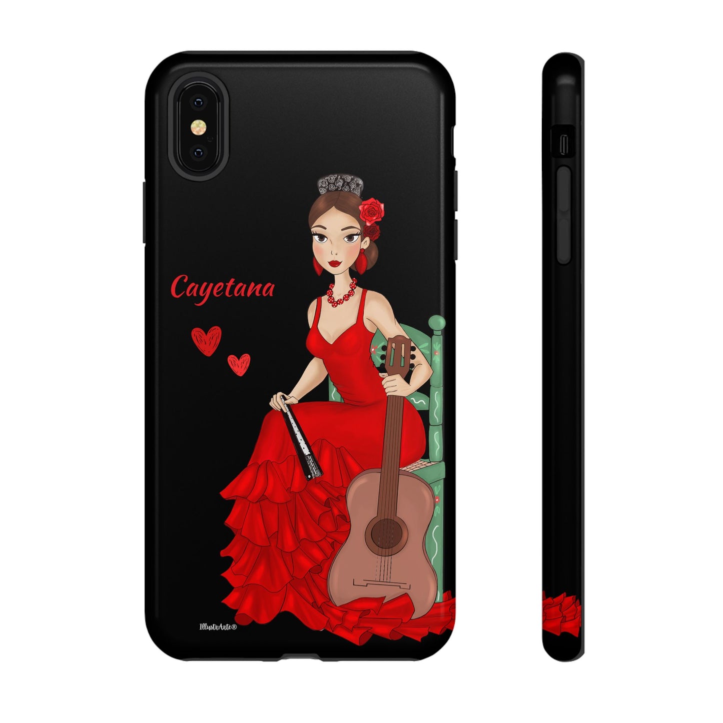 una funda de teléfono con una mujer en un vestido rojo sosteniendo una guitarra