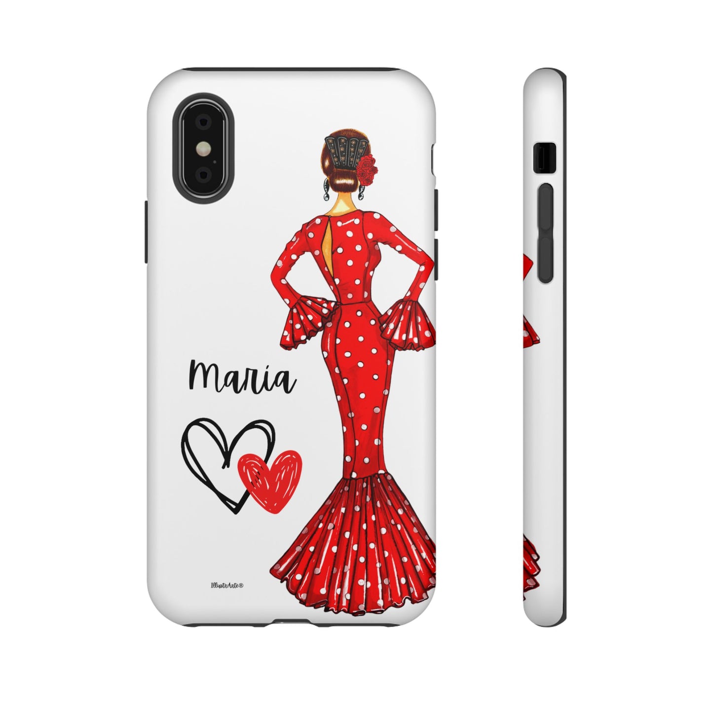 una funda de teléfono con una mujer en un vestido rojo