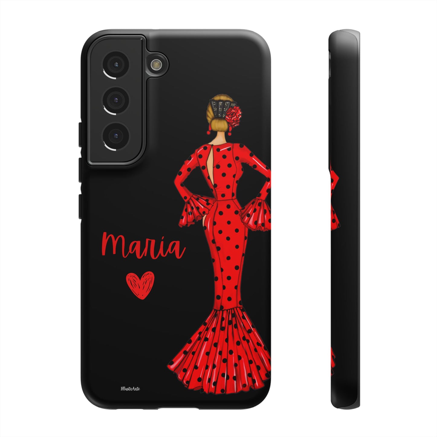 una funda de teléfono con una mujer en un vestido rojo