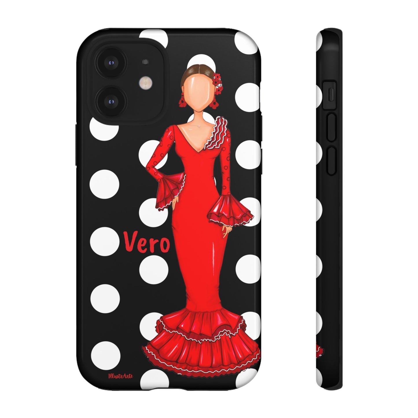 una funda para teléfono con una mujer en un vestido rojo