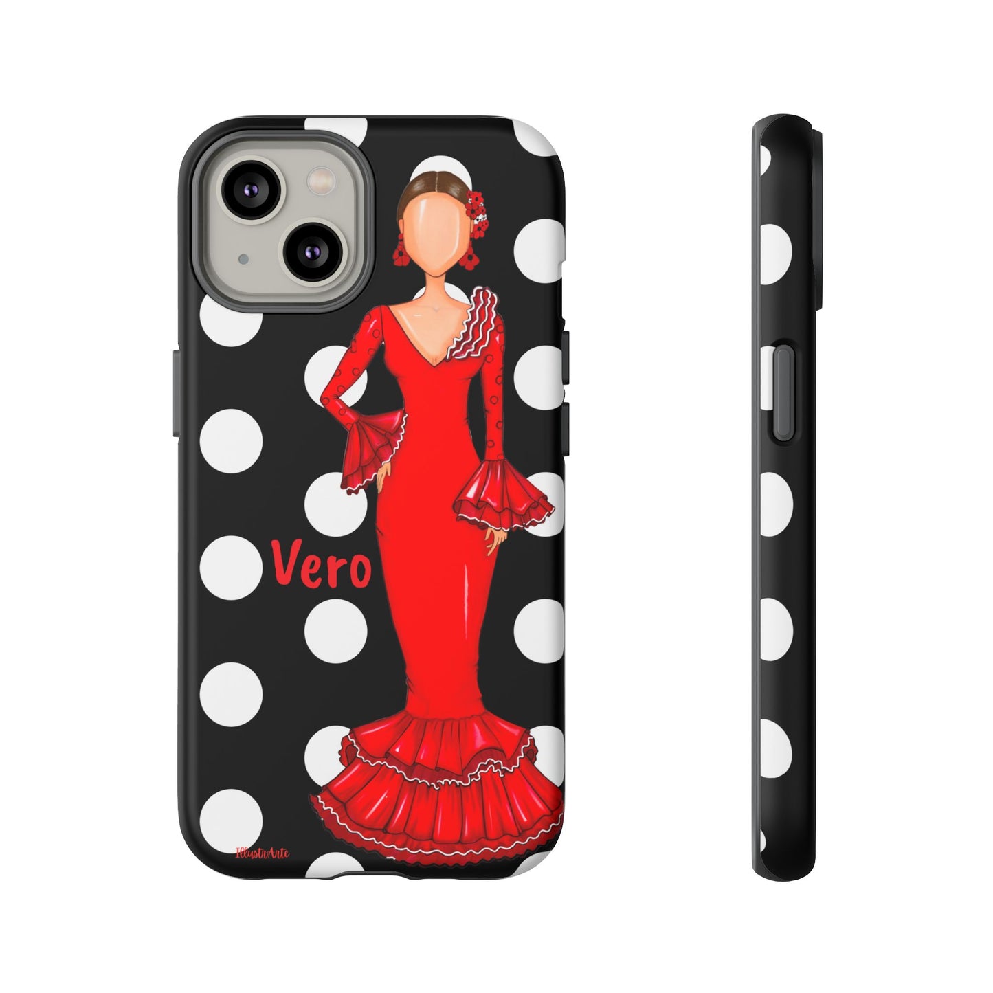 una funda de celular con una mujer en un vestido rojo