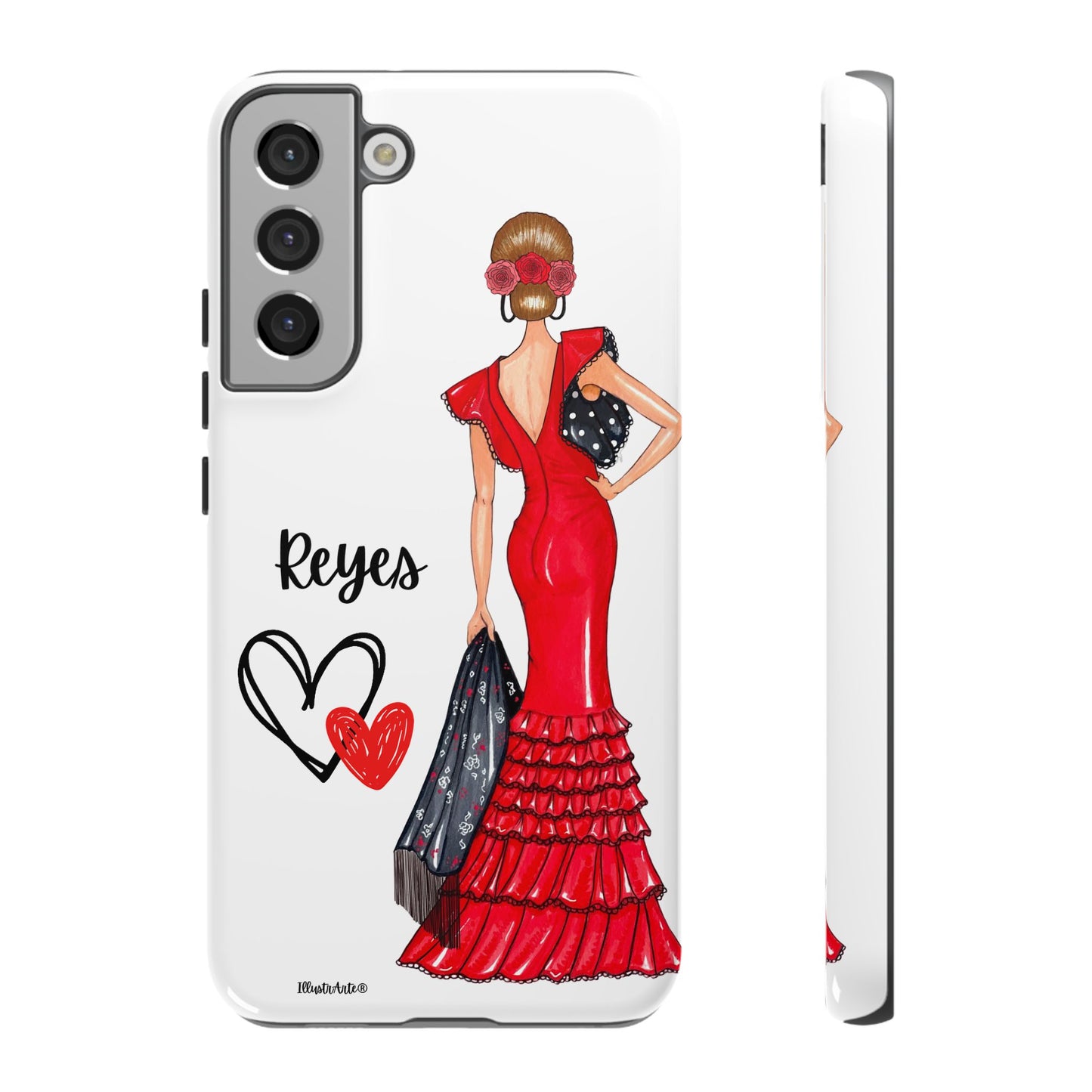 una funda de teléfono con una mujer en un vestido rojo