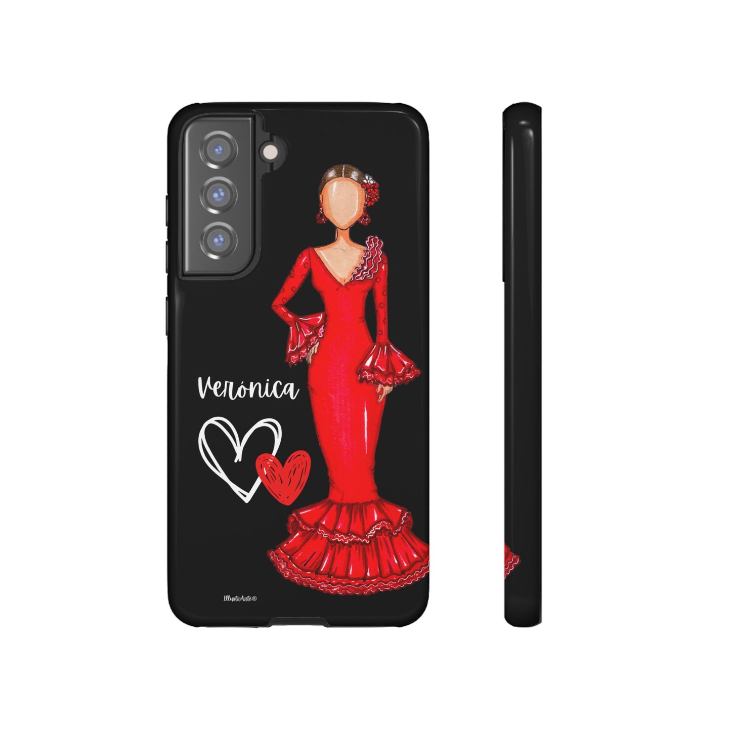 una funda de teléfono con un dibujo de una mujer con un vestido rojo