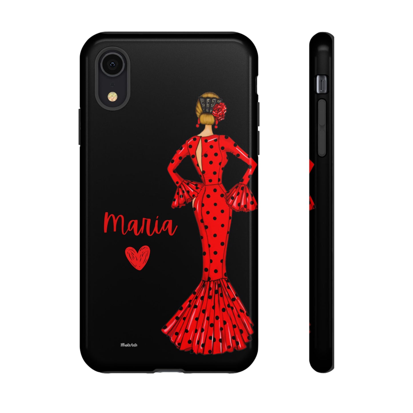 una funda de teléfono con una mujer en un vestido rojo