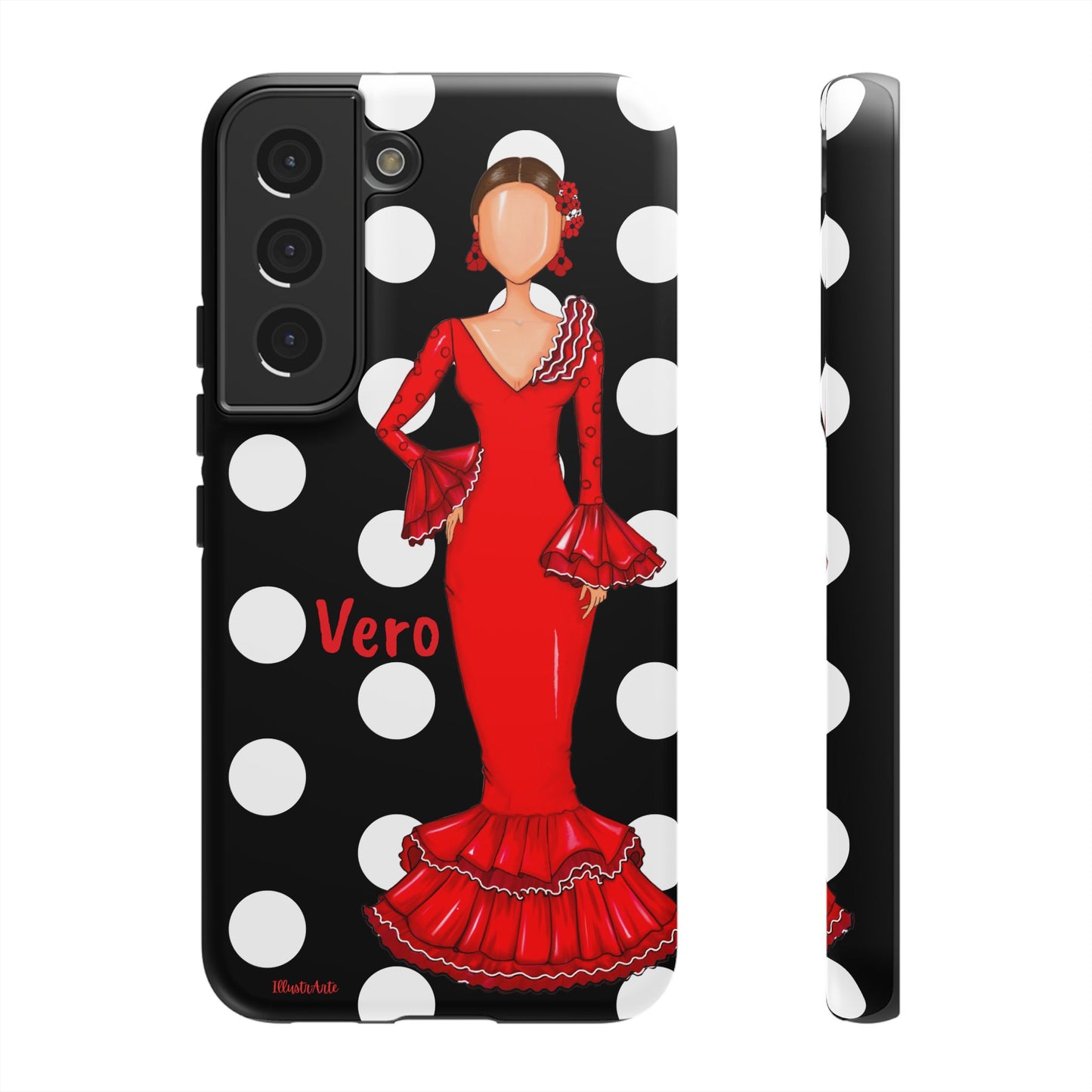 una funda de celular con una mujer en un vestido rojo