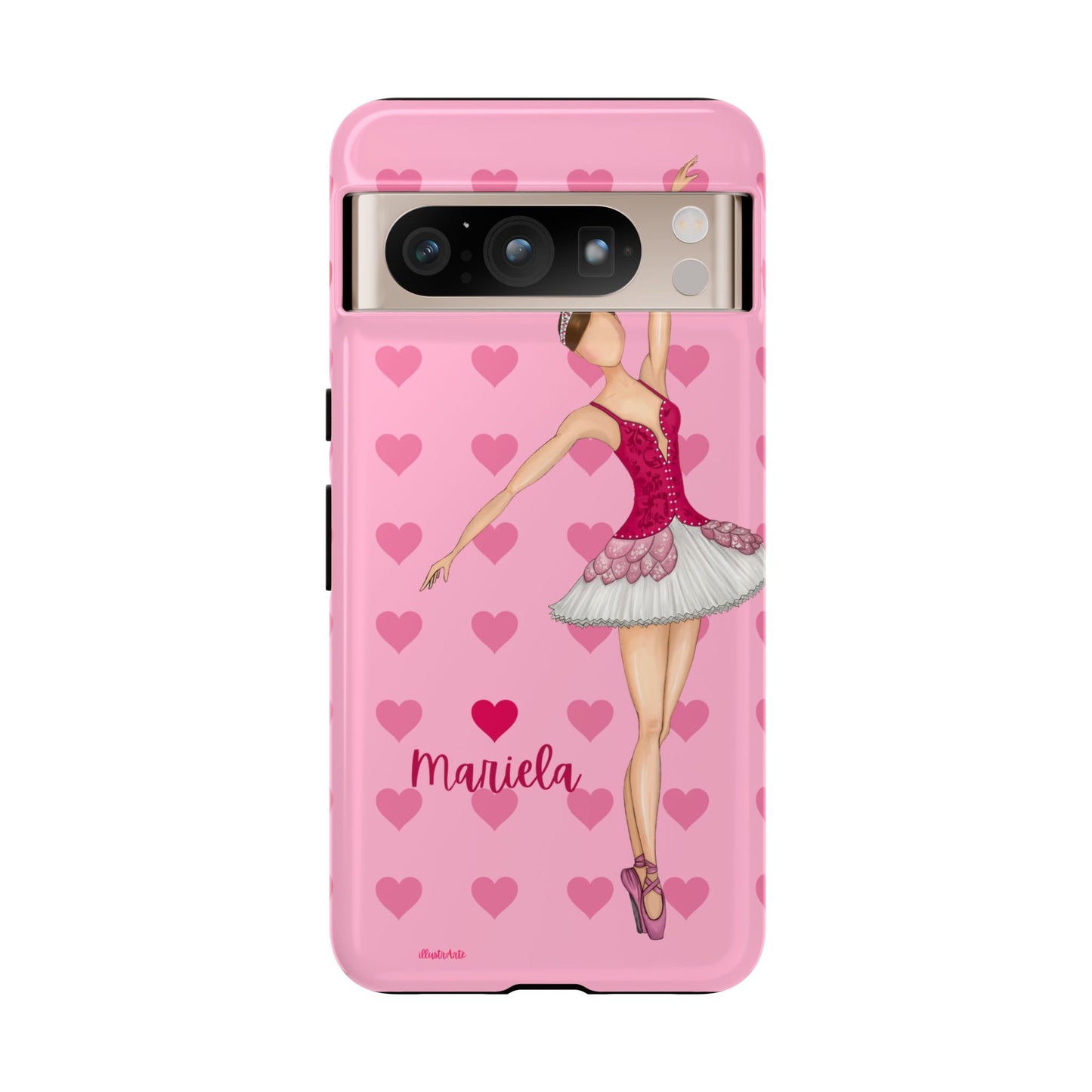 una funda de teléfono rosa con una imagen de una bailarina