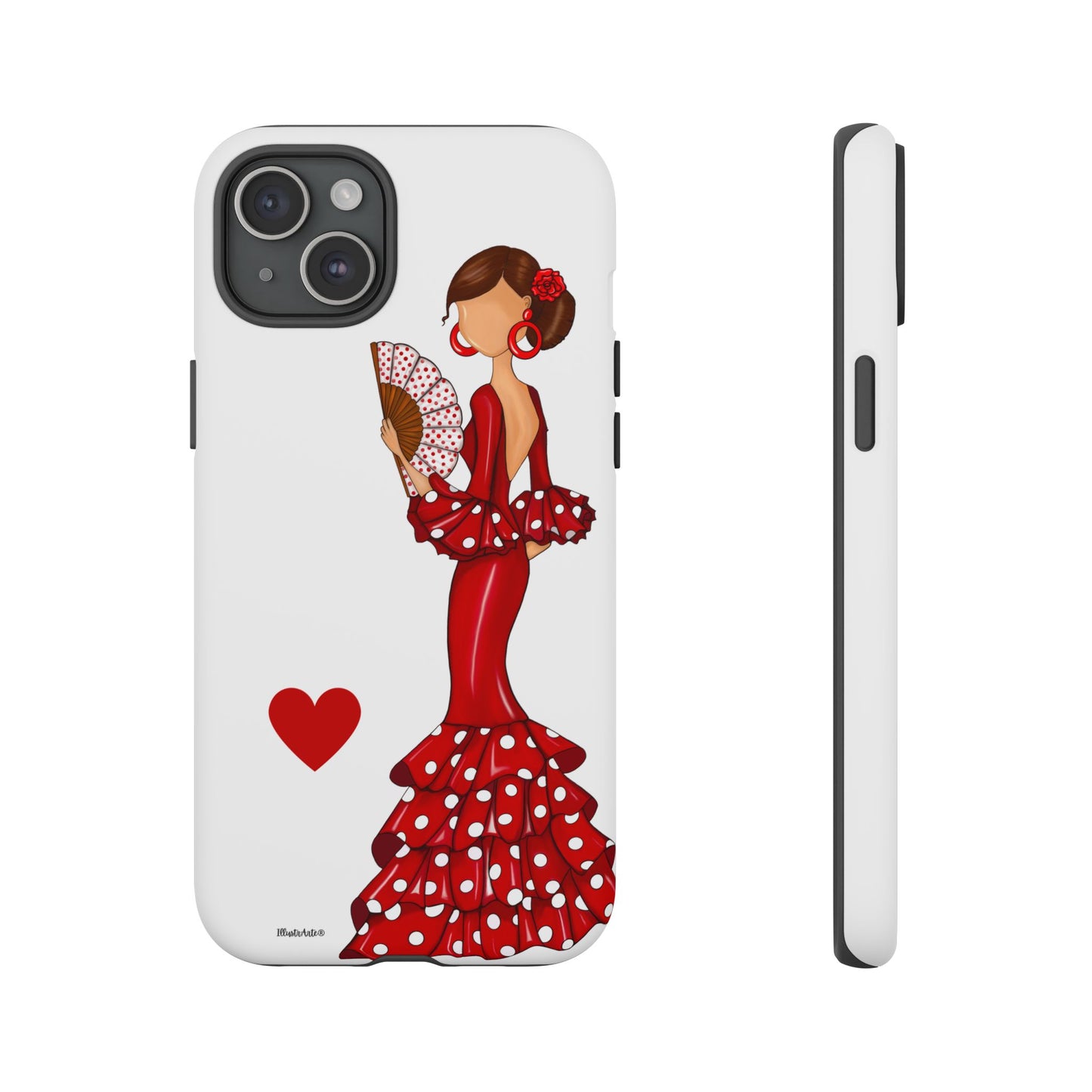 una funda de teléfono con una mujer en un vestido rojo