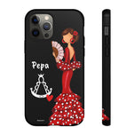 Personalised phone case flamenco dancer Pepa, with a little Virgin Mary for iPhone 12 Pro, gloss finish – illustrArte