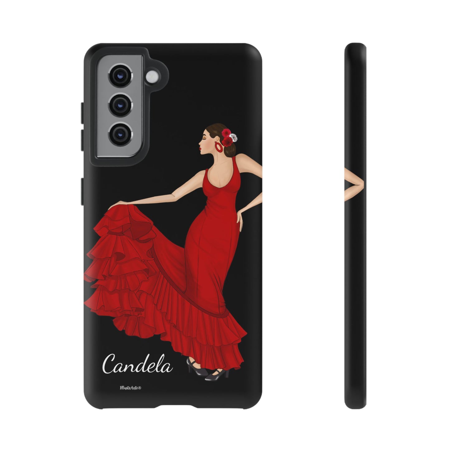 una funda de teléfono con una mujer en un vestido rojo