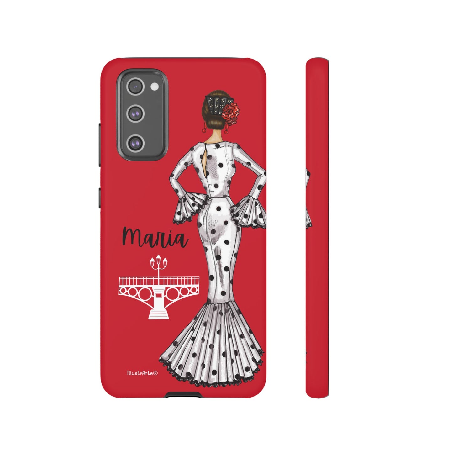 Funda de teléfono personalizada, muestra de flamenca María y Puente de Triana, perfecta para iPhone, Samsung y Google Pixel.