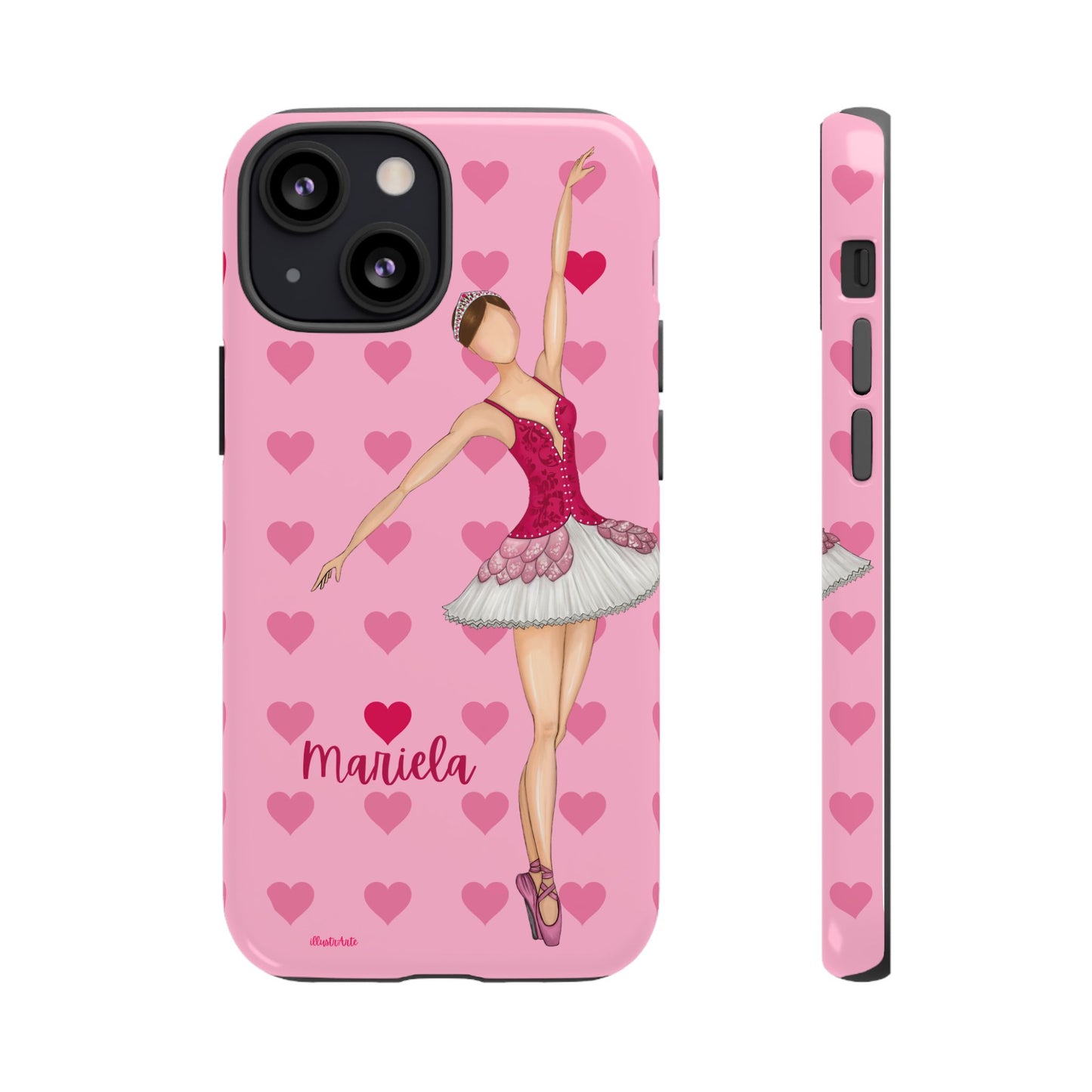 una funda de teléfono rosa con una imagen de una bailarina