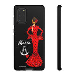 Personalised phone case flamenco dancer María, red dress, with a little Virgin Mary for Samsung Galaxy S20+, gloss finish – illustrArte