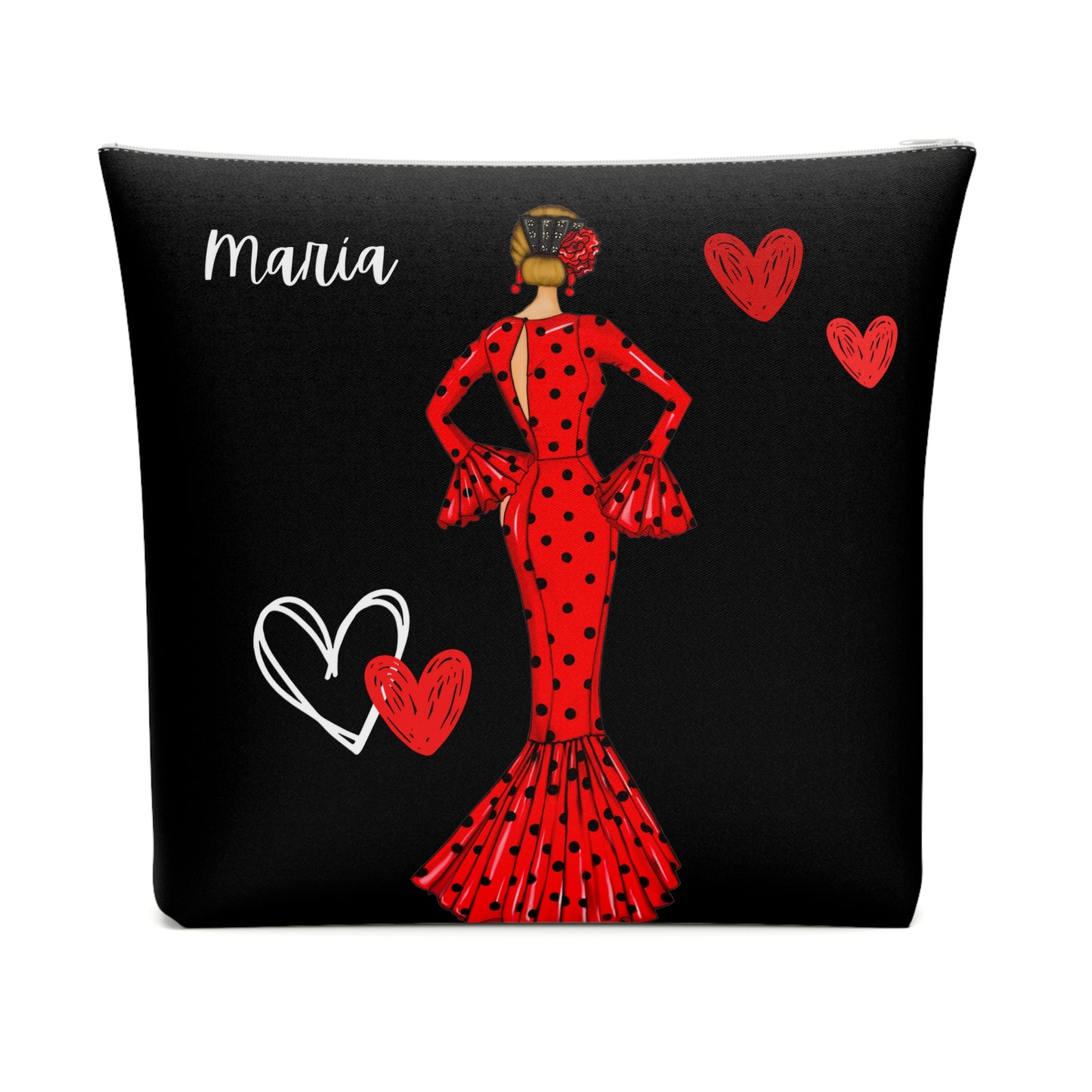 a black and red pillow with a woman in a red dress