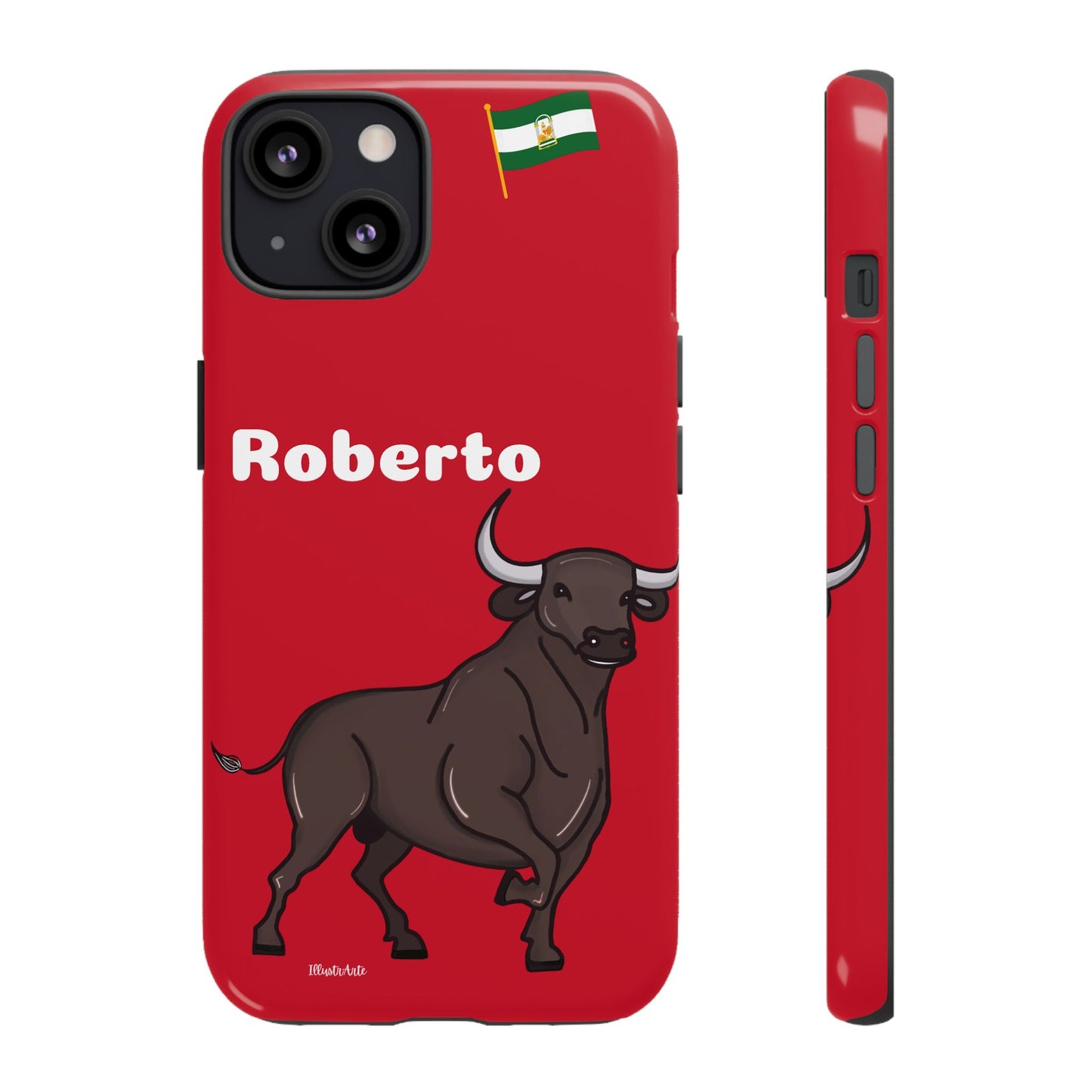 una funda de teléfono roja con un toro en ella