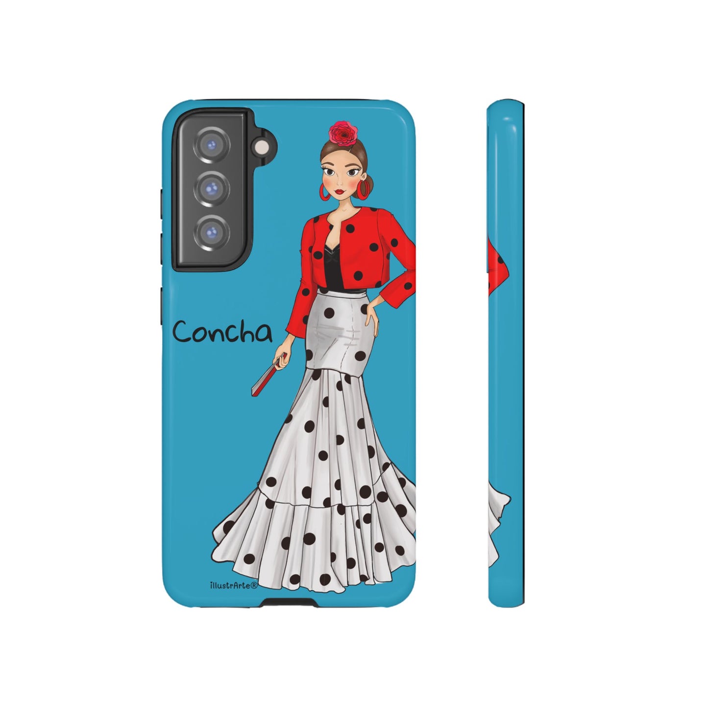 Funda con diseño único, Modelo Conchita fondo azul, que resalta la cultura y el arte.