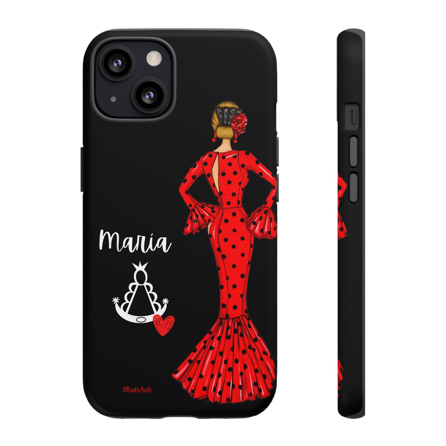 una funda de teléfono con una mujer en un vestido rojo