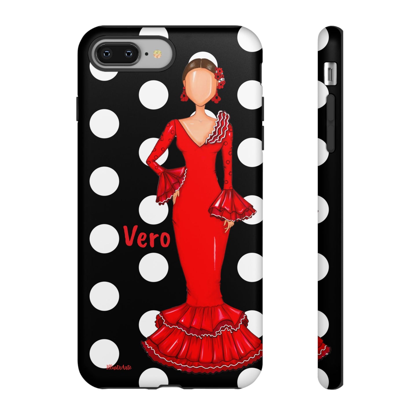 una funda para teléfono con una mujer en un vestido rojo