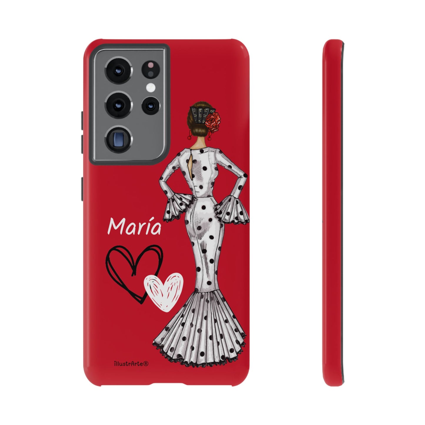 Personalized Maria phone case, white with red hearts background – for iPhone, Samsung, Pixel