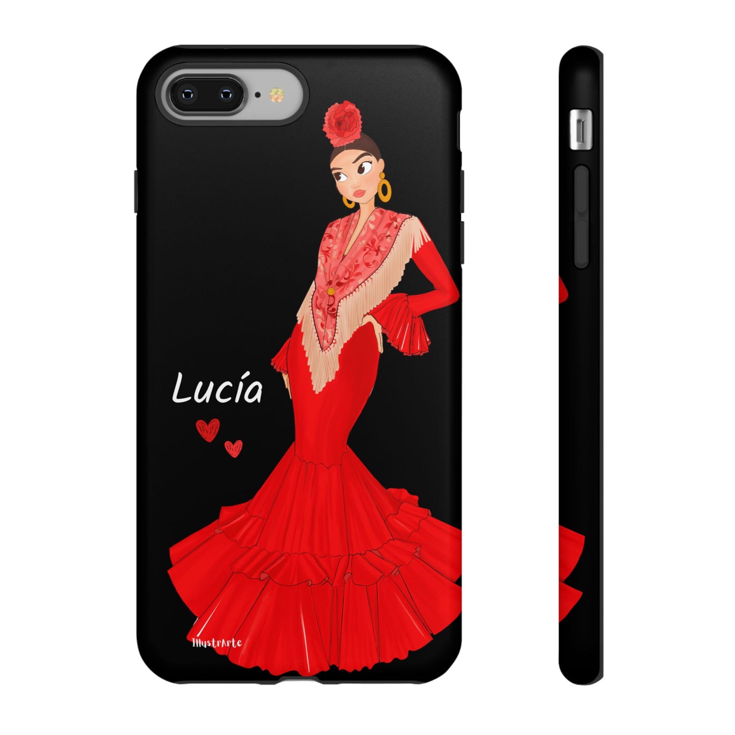 una funda de teléfono con una mujer en un vestido rojo