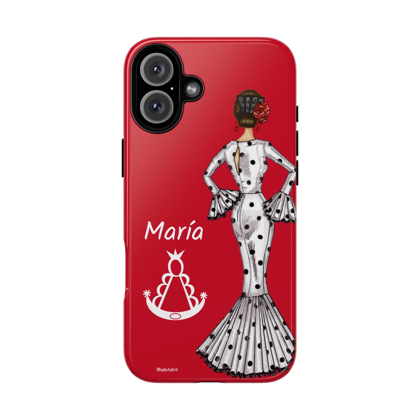 una funda roja con una imagen de una mujer en un vestido de lunares