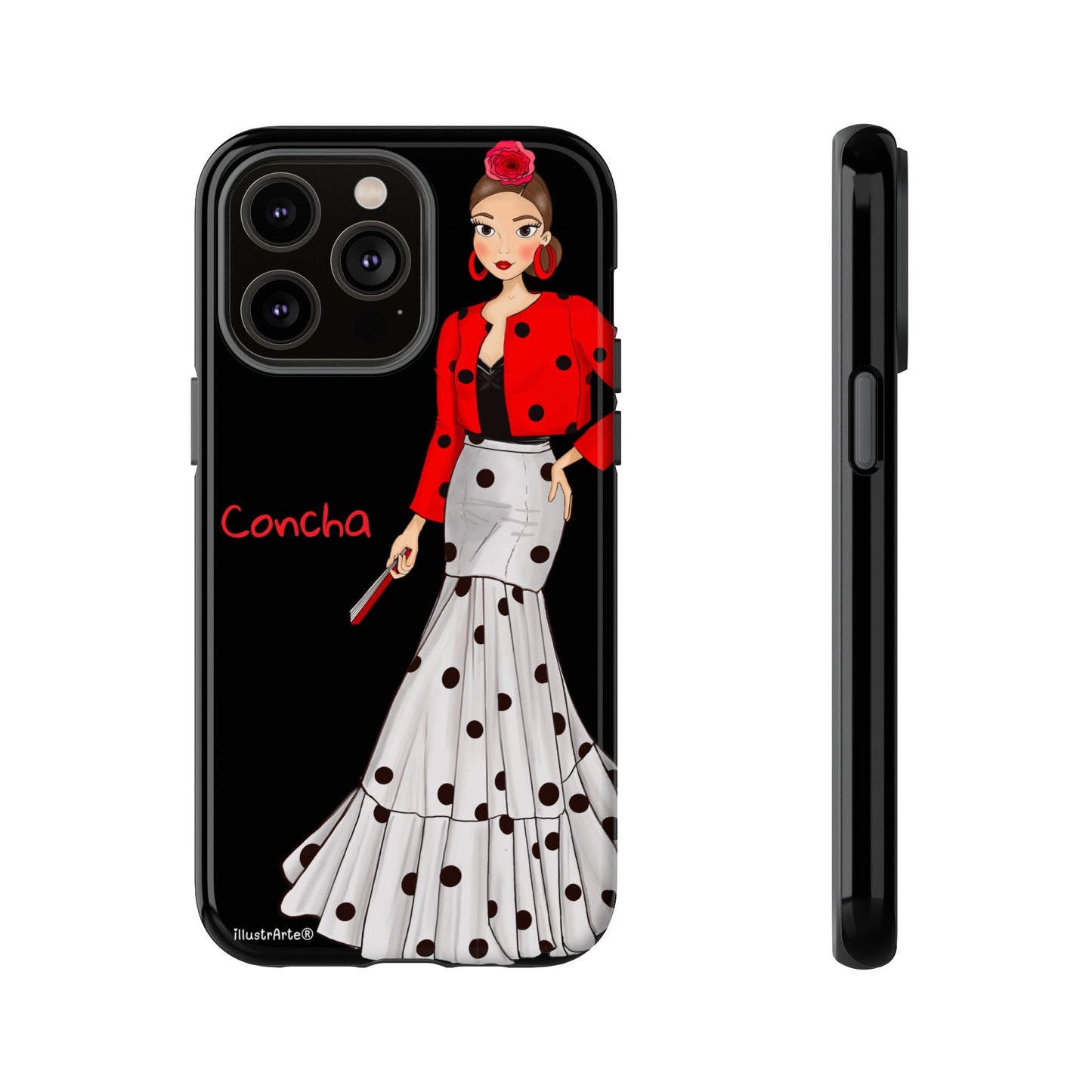 Funda de teléfono Modelo Conchita con nombre y bandera - fondo negro atractivo.