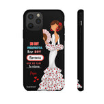 Personalised phone case flamenco dancer Pepa, white dress, with quote for iPhone 11 Pro, gloss finish – illustrArte