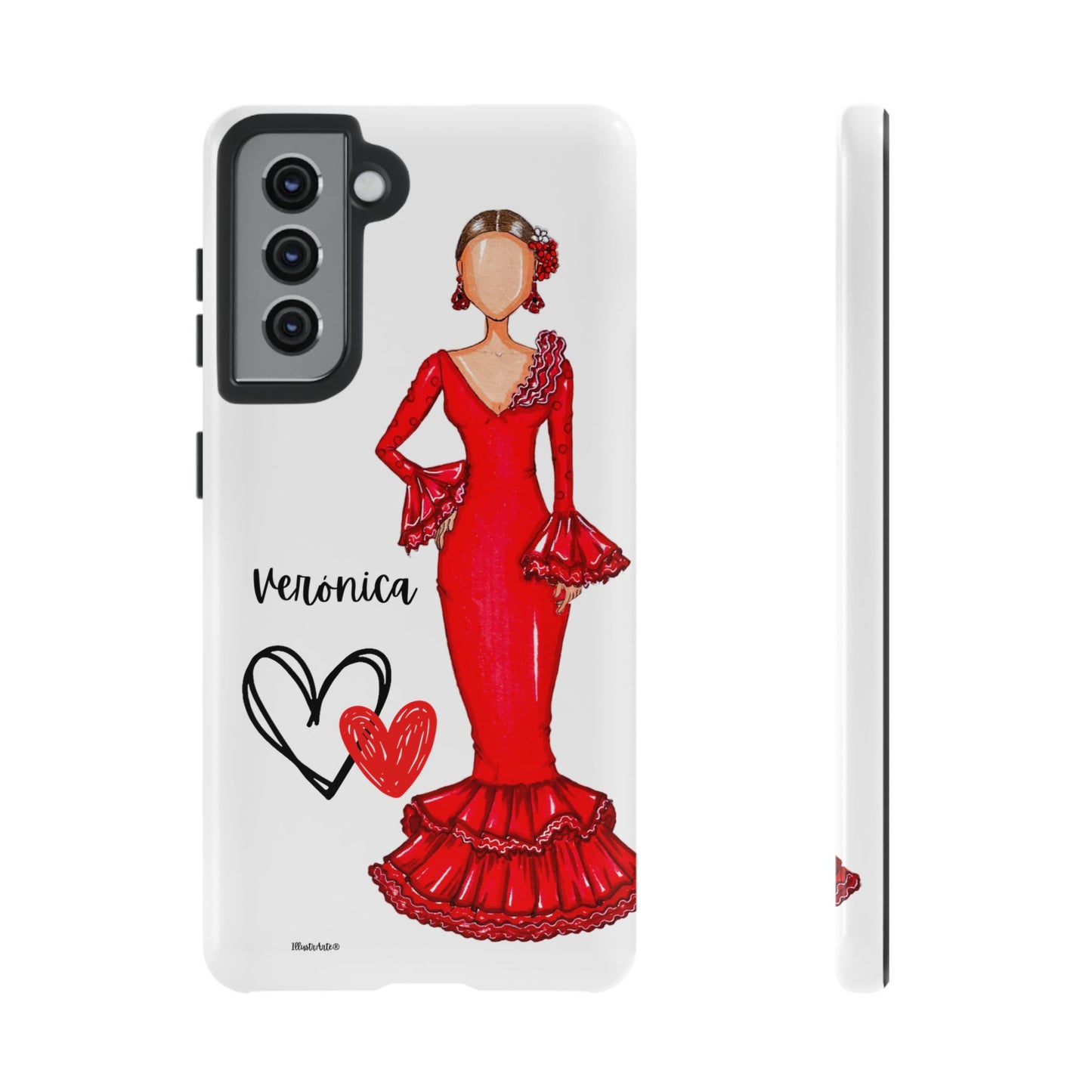 una funda de teléfono con un dibujo de una mujer en un vestido rojo