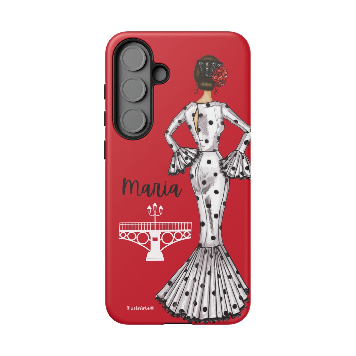 Funda de teléfono personalizable con imagen de flamenca María, perfecta para mostrar personalidad en iPhone.