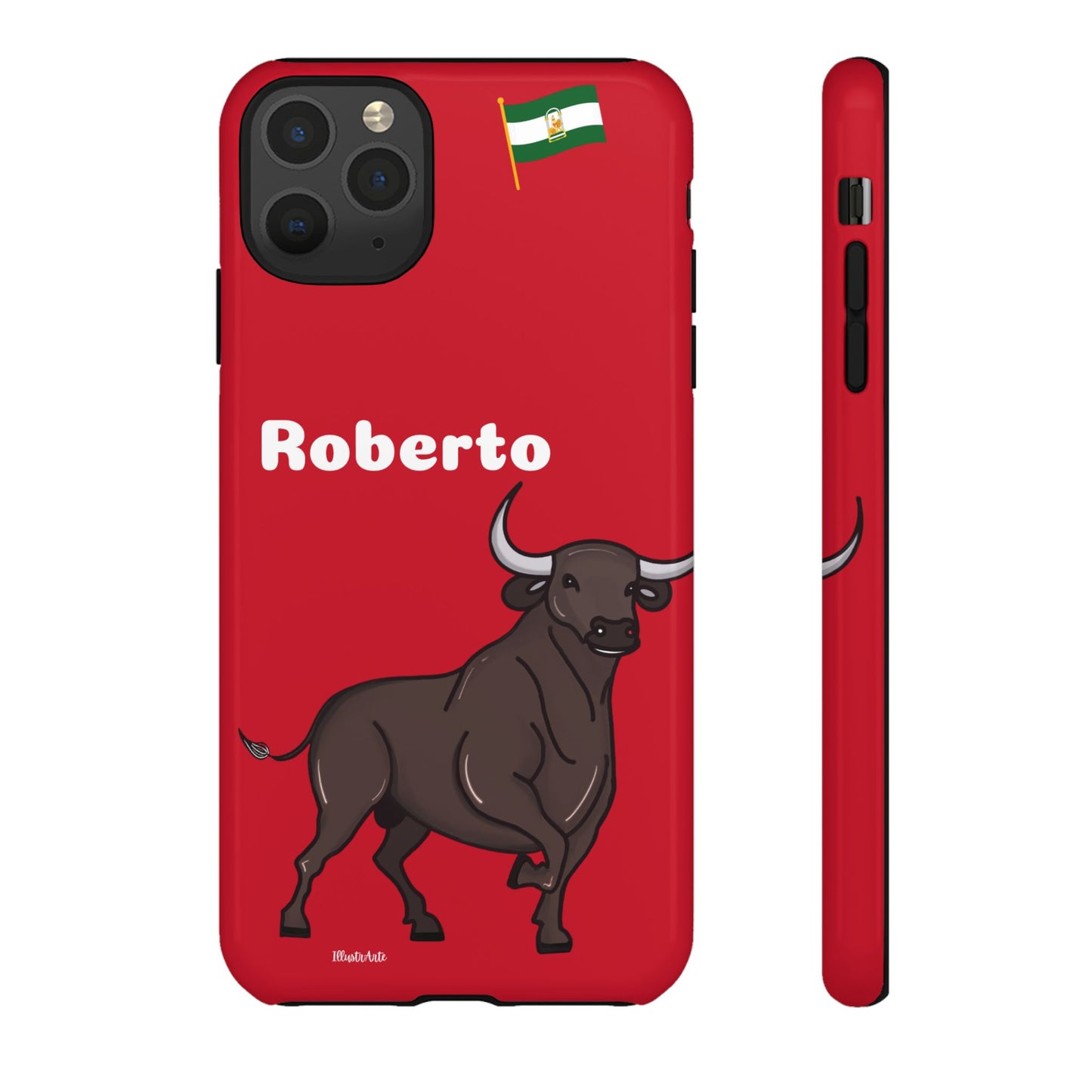 una funda de teléfono roja con un toro en ella