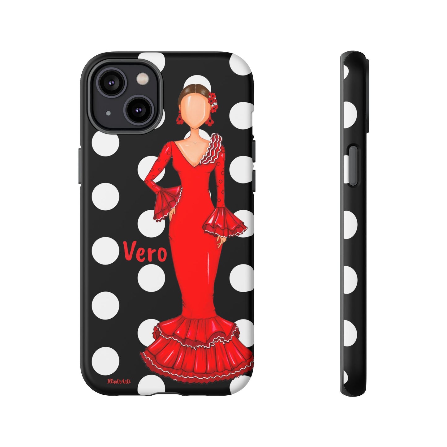 una funda para teléfono con una mujer en un vestido rojo