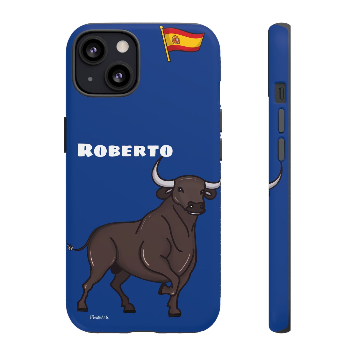 una funda de teléfono azul con un toro en ella