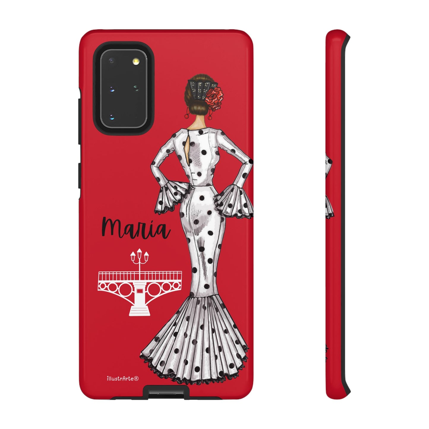 Funda de teléfono personalizada con nombre y bandera, diseño de flamenca María, ideal para iPhone y Google Pixel.