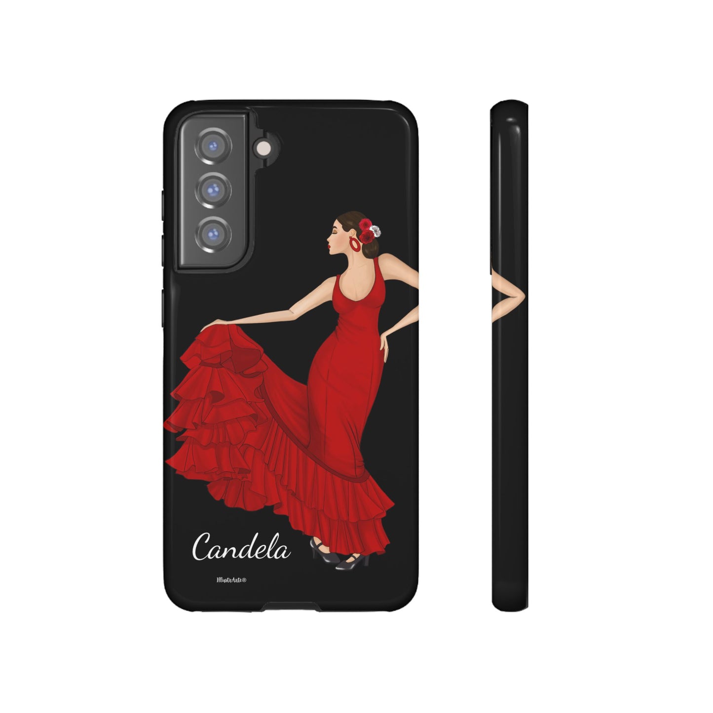 una funda de teléfono con una imagen de una mujer en un vestido rojo