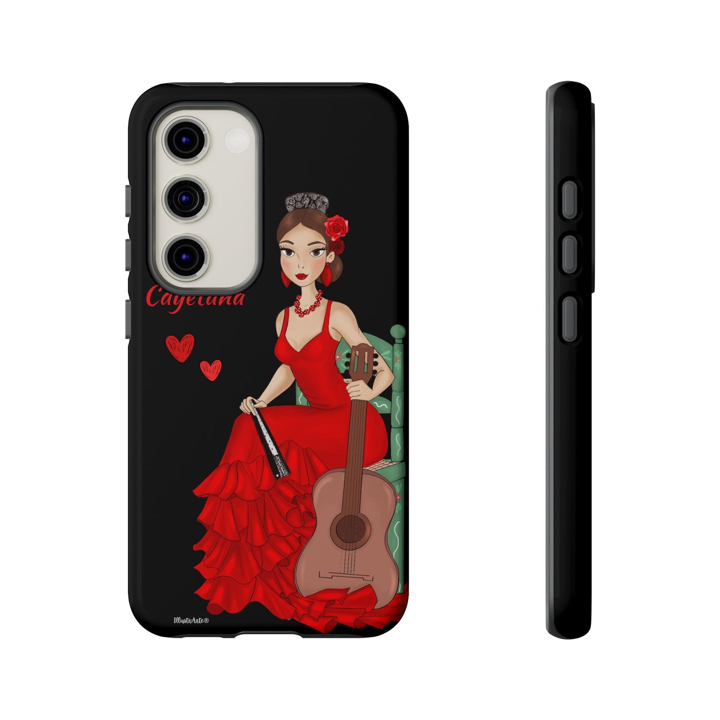 una funda de teléfono con una mujer en un vestido rojo sosteniendo una guitarra