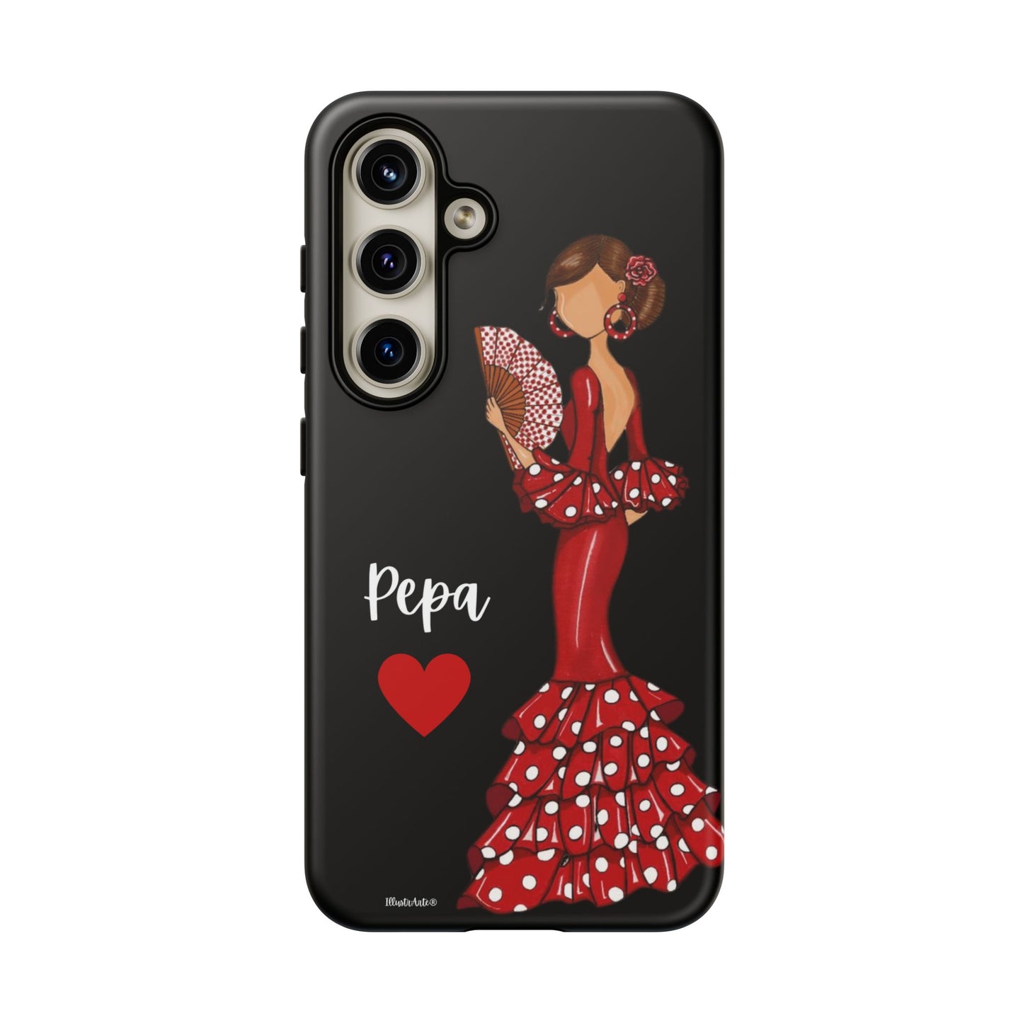 una funda de teléfono con una mujer en un vestido rojo