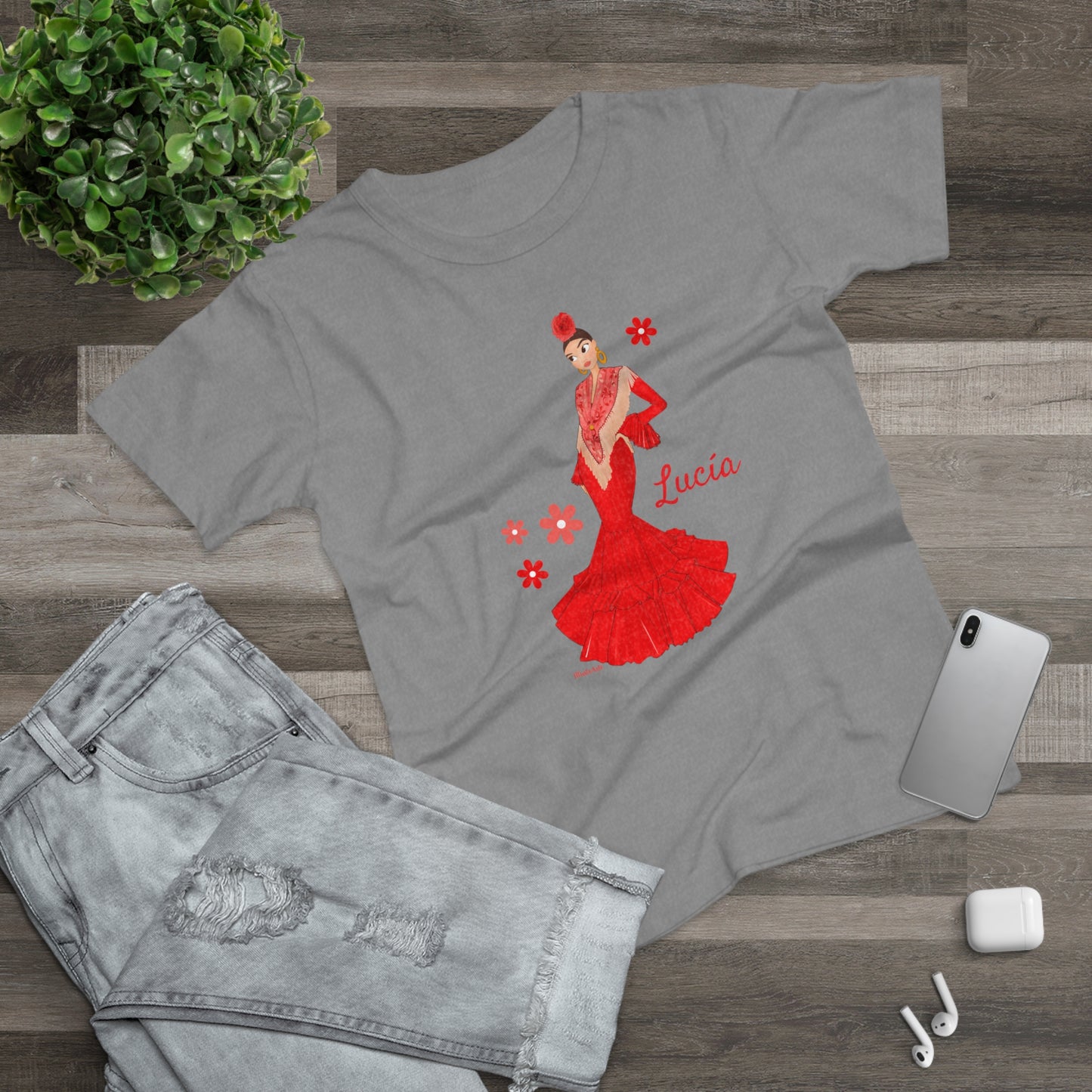 a t - shirt with a picture of a woman in a red dress