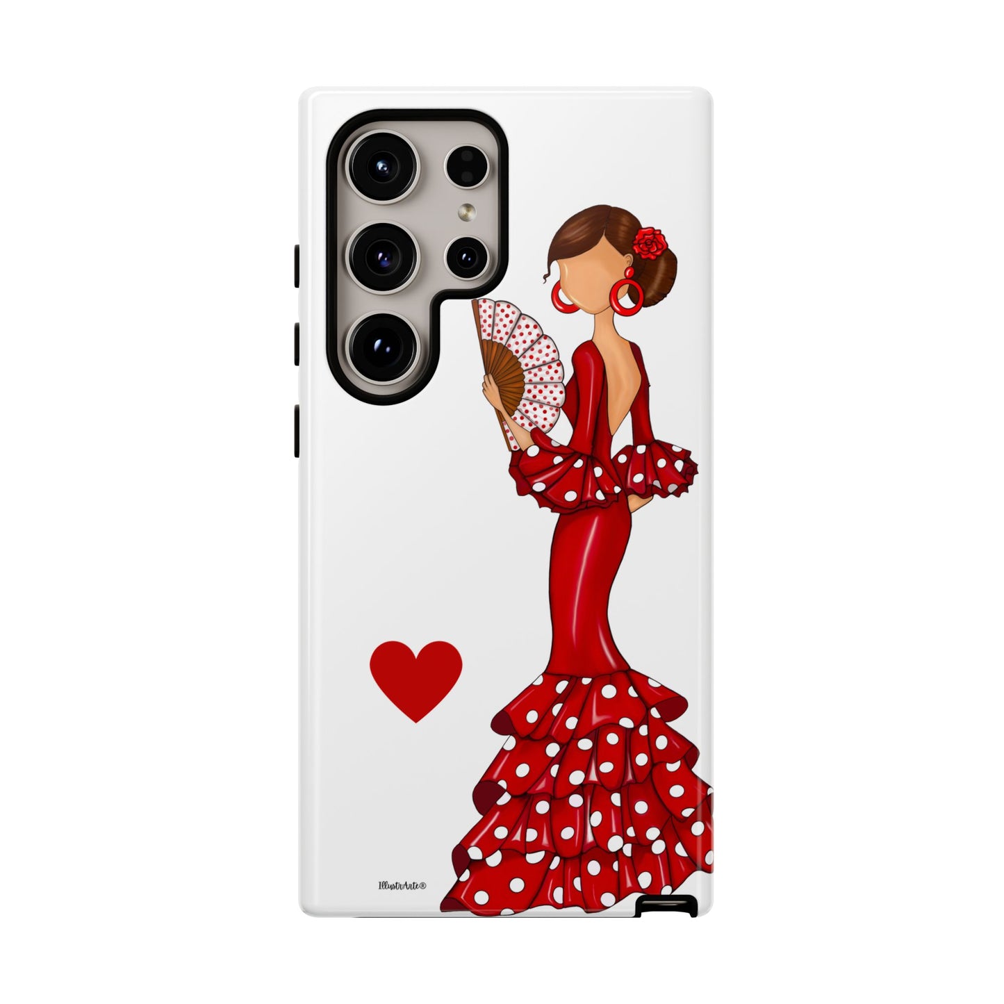 una funda de teléfono con una mujer en un vestido rojo sosteniendo una dona