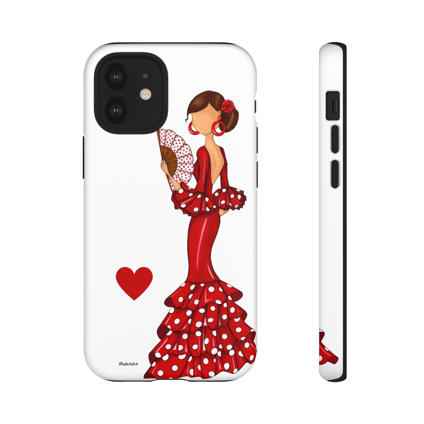 una funda de teléfono con una mujer en un vestido rojo sosteniendo un abanico