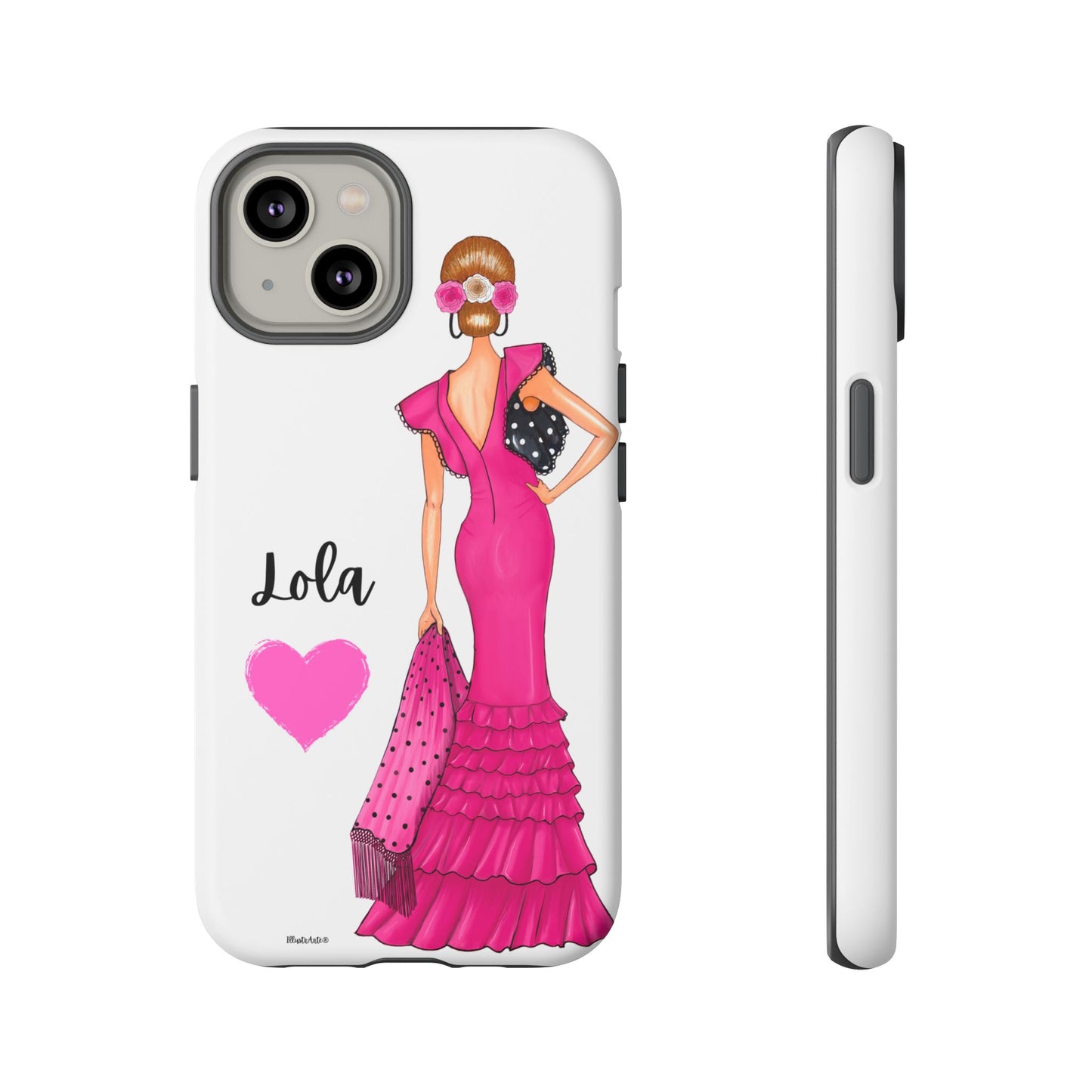 una funda para teléfono con una mujer en un vestido rosa