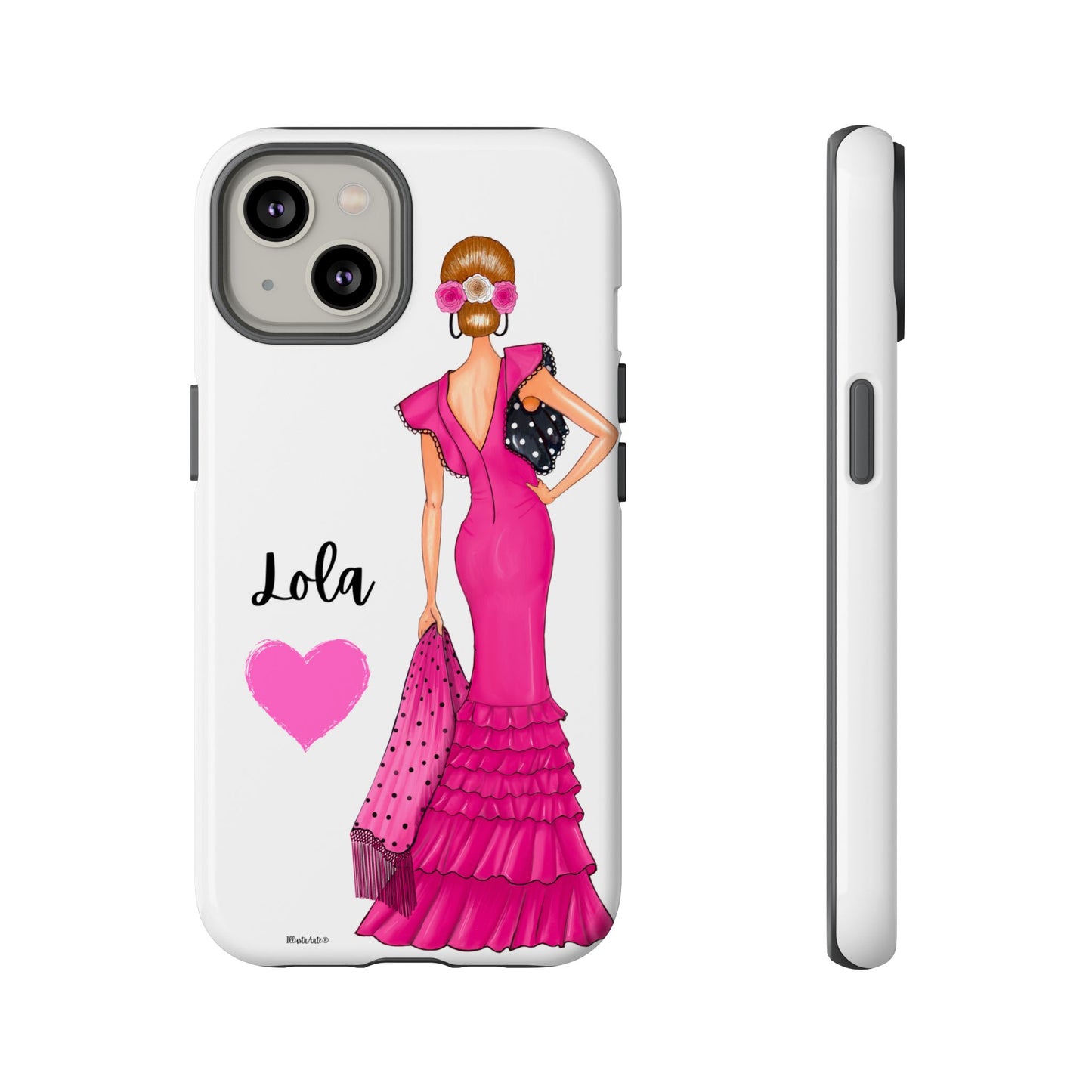 Funda de teléfono personalizable con nombre/bandera/Virgen - Modelo Manuela vestido rosa que cuenta con gran atractivo.